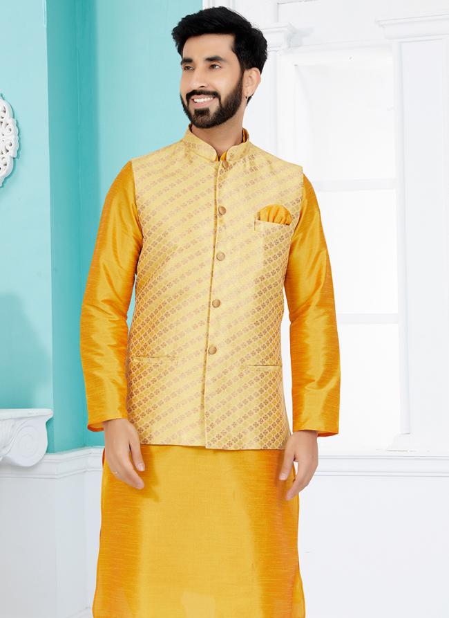 Banarasi Dhupion Light Yellow Wedding Wear Banarasi Work Mens Waist Coat